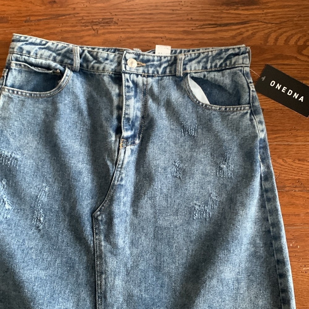 ONEDNA Ann Arbor Denim Maxi Skirt Women’s Blue Jean Front Slit Raw Edge Size L - Picture 14 of 14
